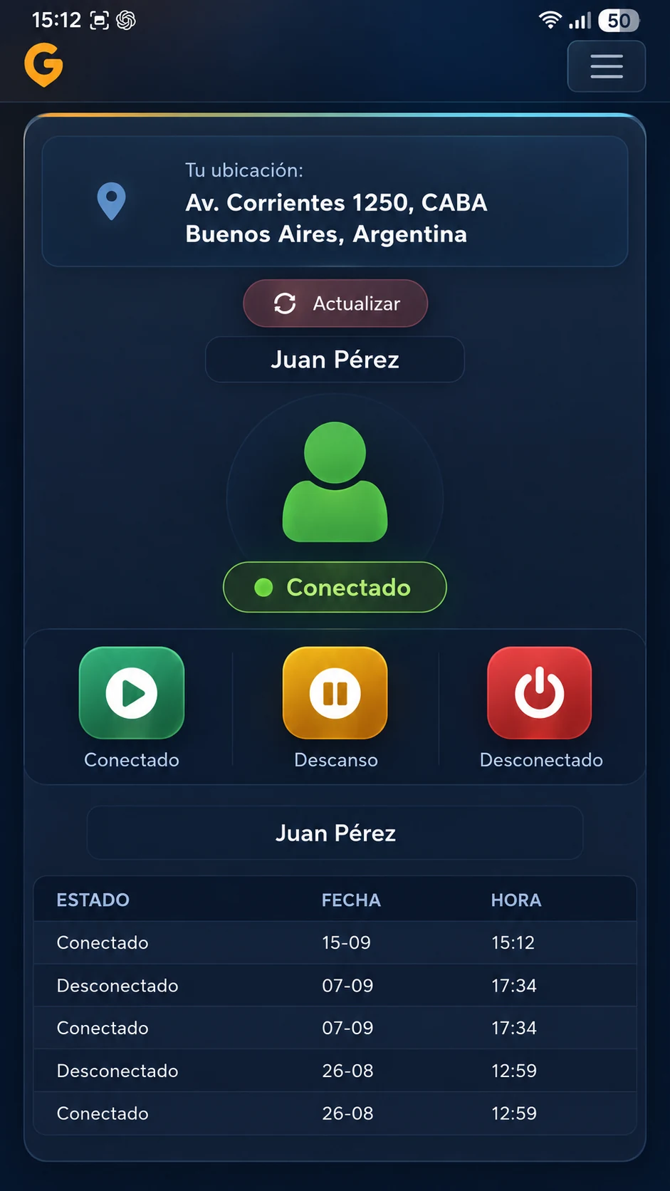 Aplicación GEO Presentismo en un celular